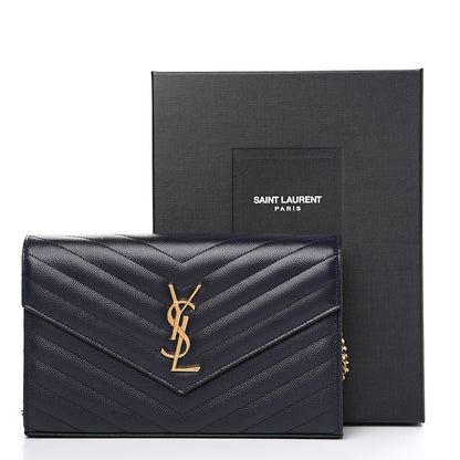 Saint Laurent Grain de Poudre Matelasse Chevron Medium Monogram Chain Wallet Navy 9 of 9