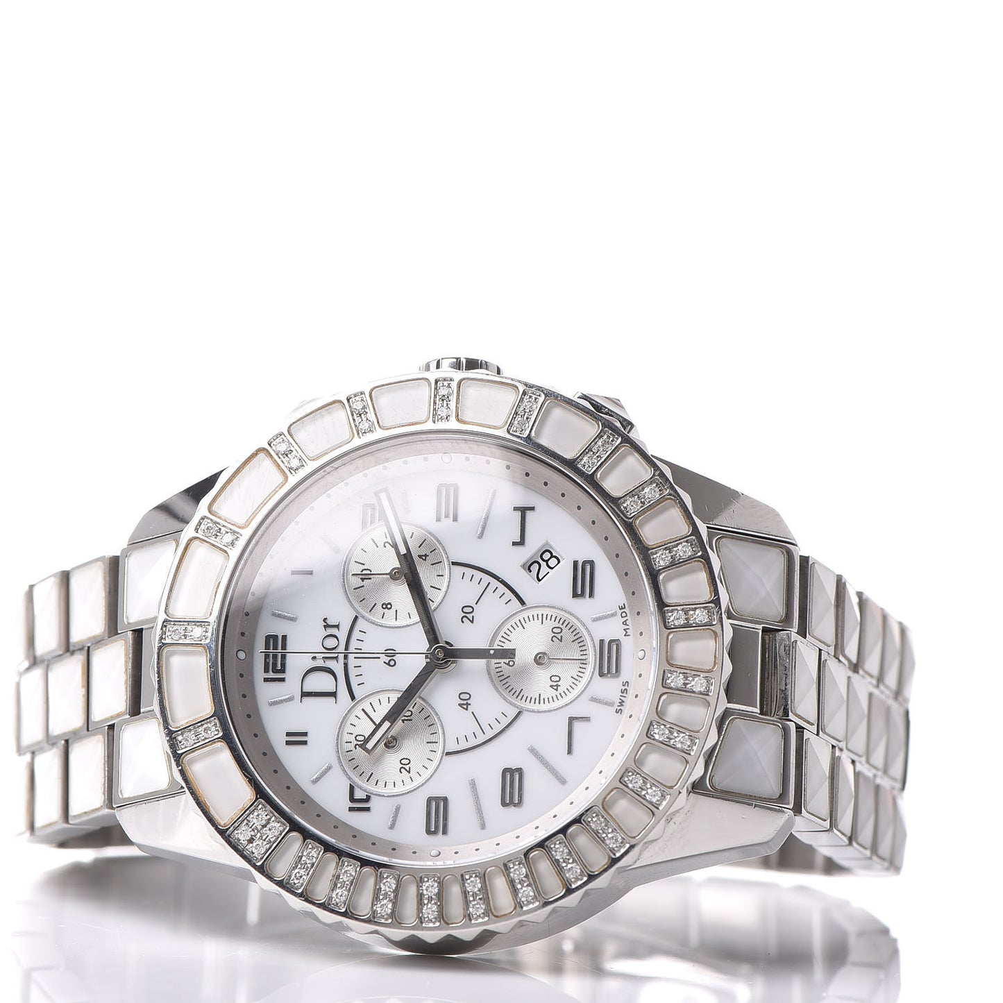 Stainless Steel Diamond Sapphire 38mm Christal Chronograph Quartz Watch White