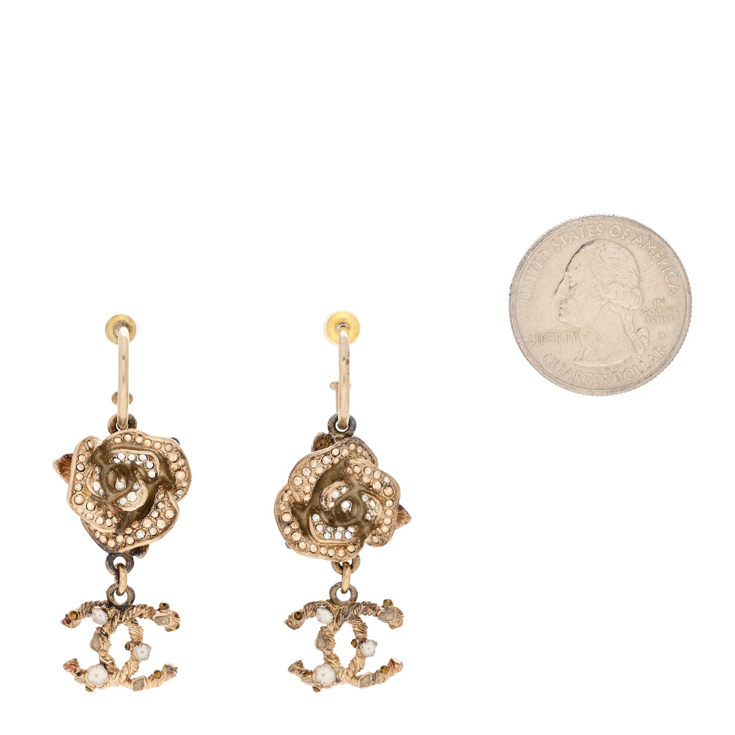 Metal Pearl CC Camellia Dangle Earrings Gold