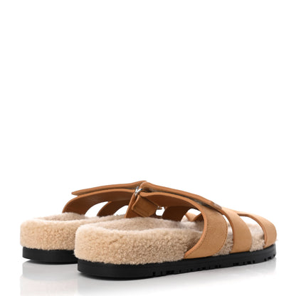 Hermes Suede Goatskin Woolskin Womens Chypre Sandals 36 Golden Beige 4 of 8