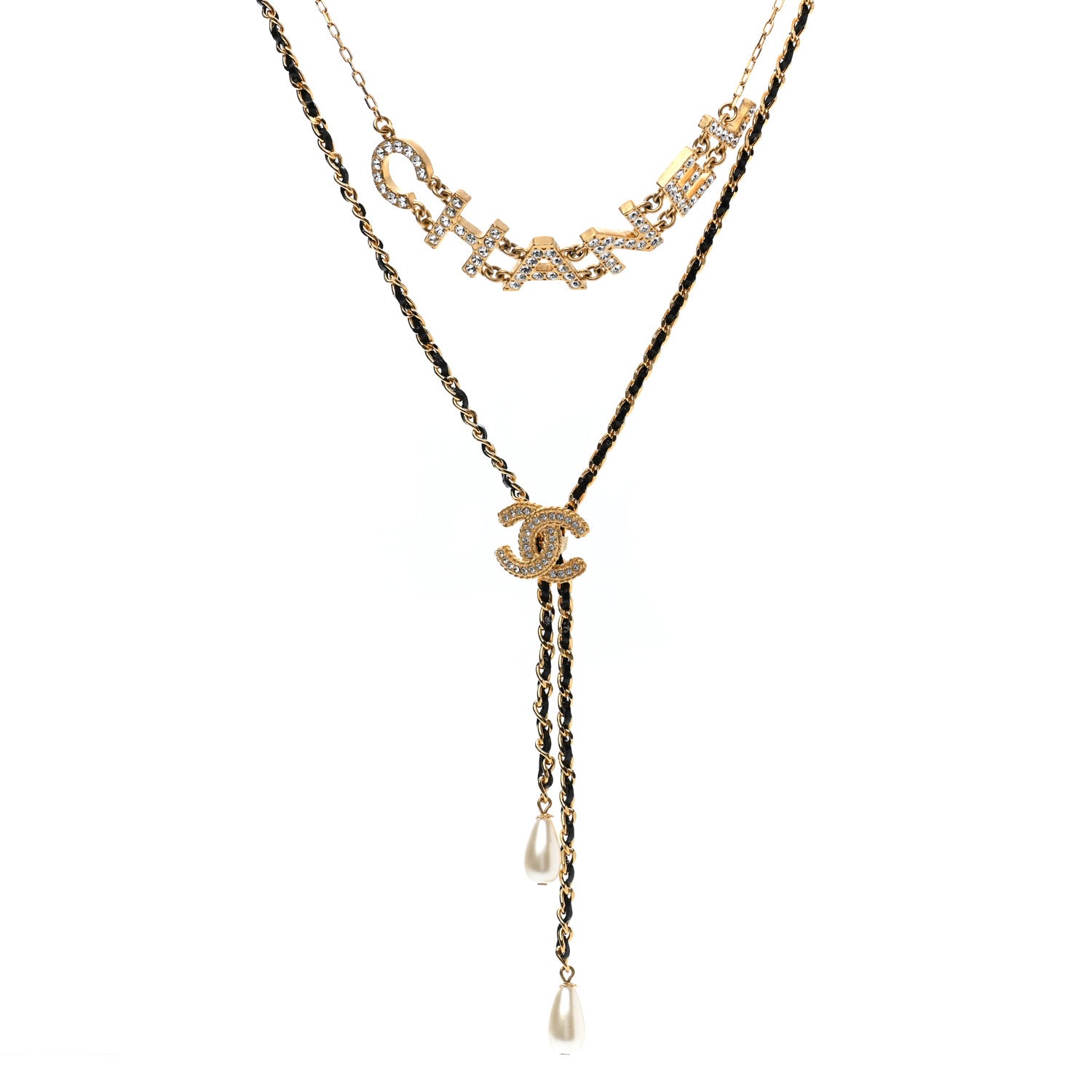 Chanel Lambskin Crystal Pearl Logo CC Double Strand Necklace Gold White Black 2 of 6
