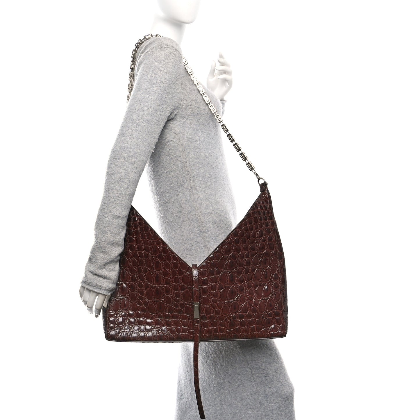 Calfskin Crocodile Embossed Large Cut Out Shoulder Bag Brown