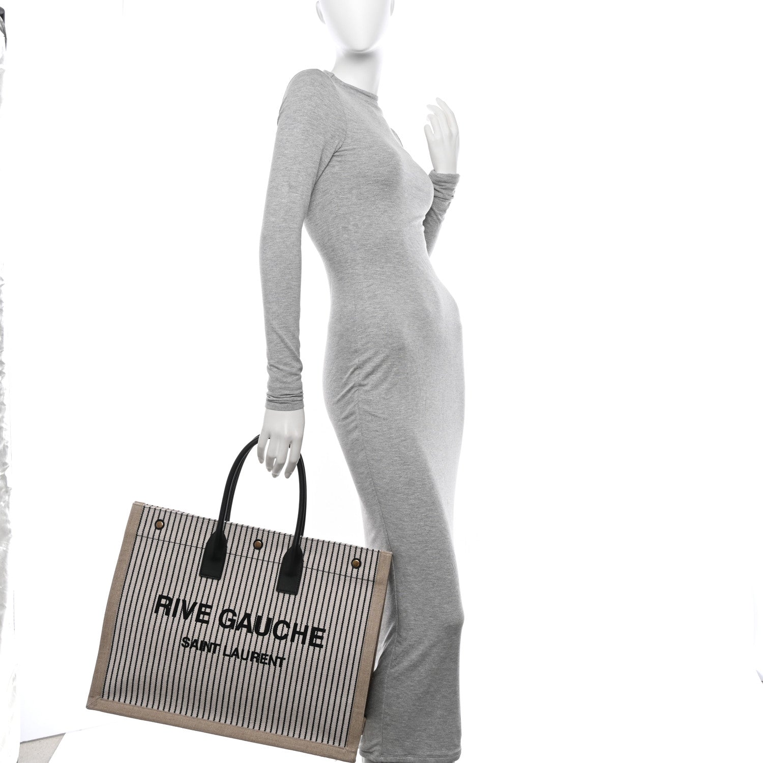 Saint Laurent SAINT LAURENT Embroidered Cotton Linen Rive Gauche Noe Tote Natural Black 2 of 10