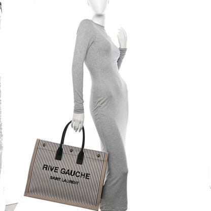 Saint Laurent SAINT LAURENT Embroidered Cotton Linen Rive Gauche Noe Tote Natural Black 2 of 10