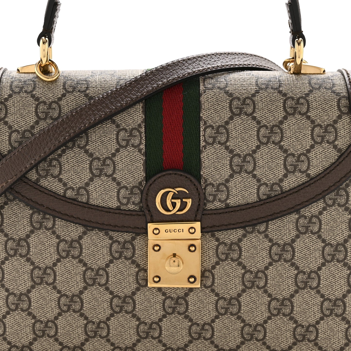 GG Supreme Monogram Textured Dollar Calfskin Web Small Ophidia Padlock Top Handle Bag Beige Ebony New Acero