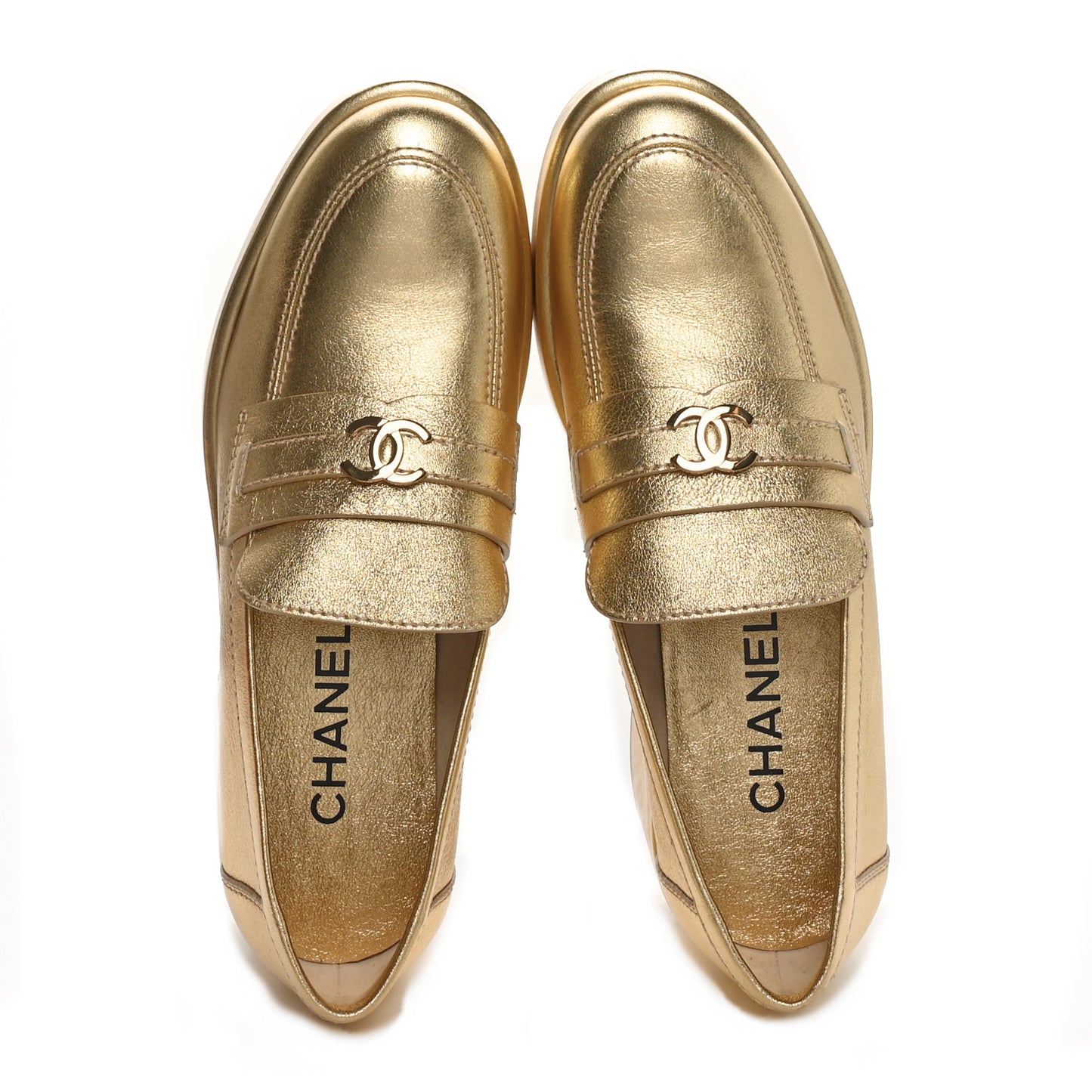 Laminated Calfskin CC Platform Loafers 38.5 Golden