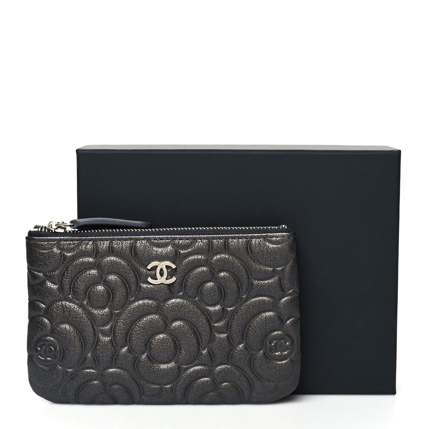Goatskin Camellia Embossed Cosmetic Pouch Anthracite