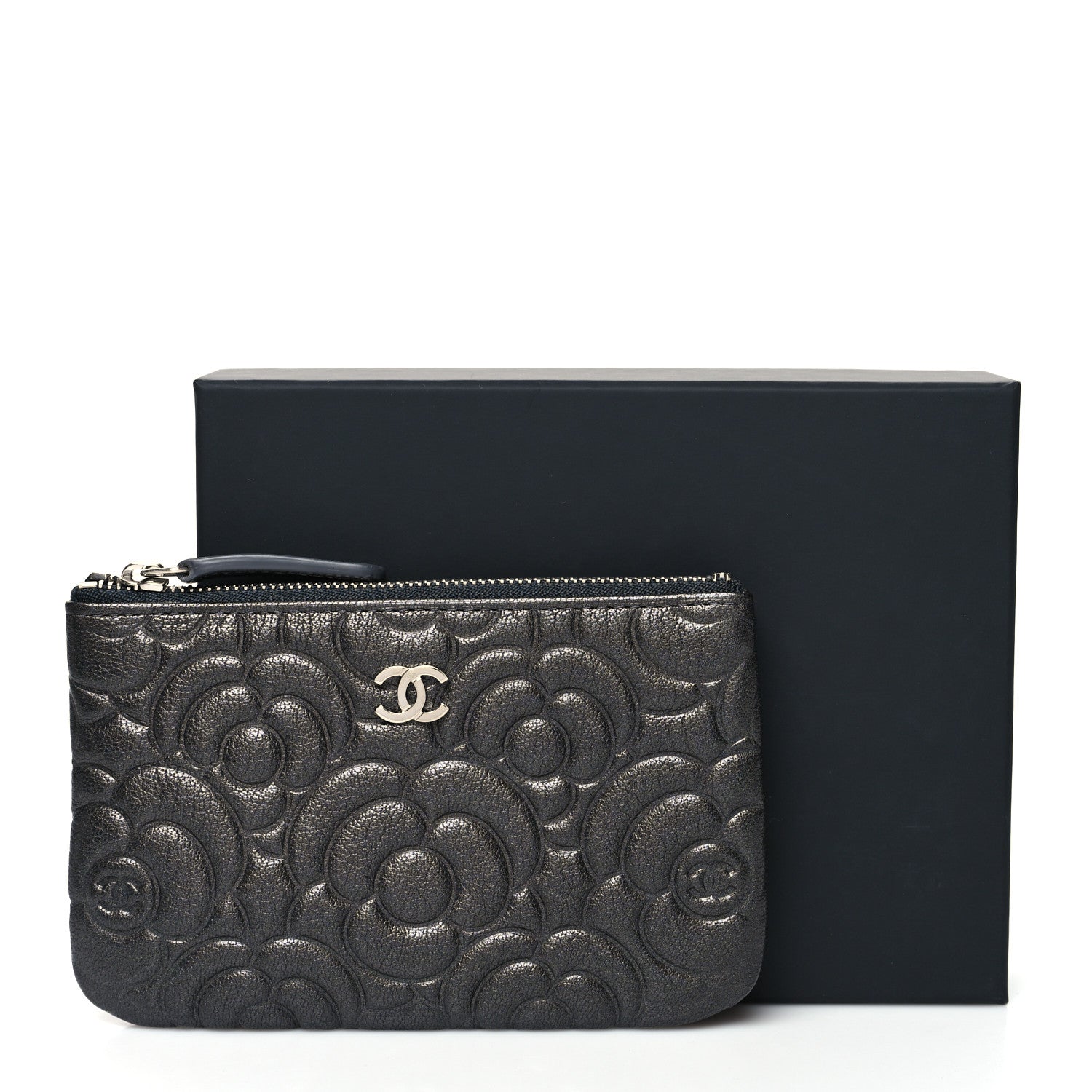Chanel Goatskin Camellia Embossed Cosmetic Pouch Anthracite 11 of 11