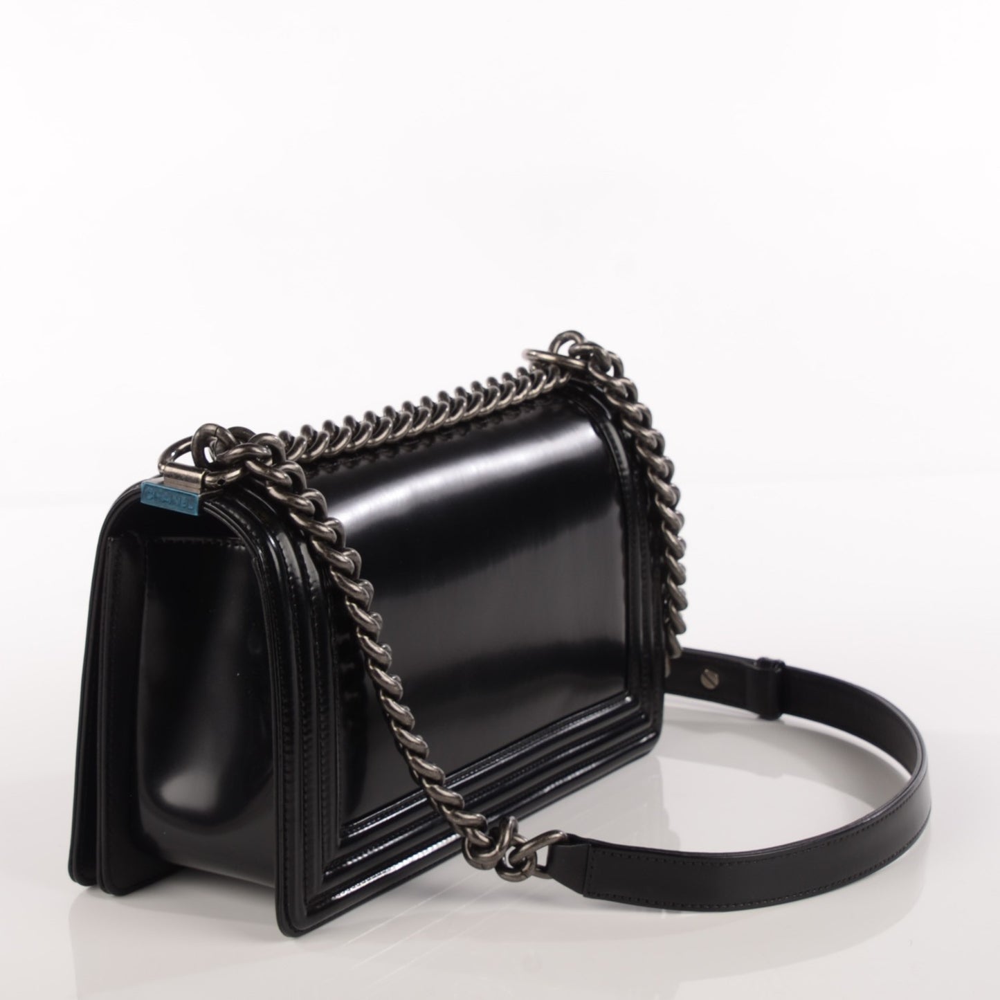 Glazed Calfskin Medium Boy Flap Black