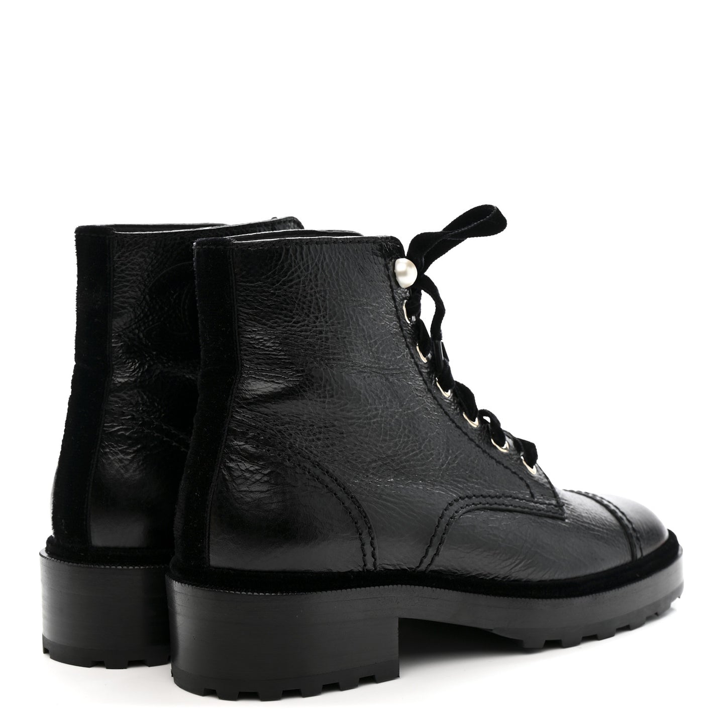 Shiny Calfskin Velvet Pearl Combat Short Boots 38 Black