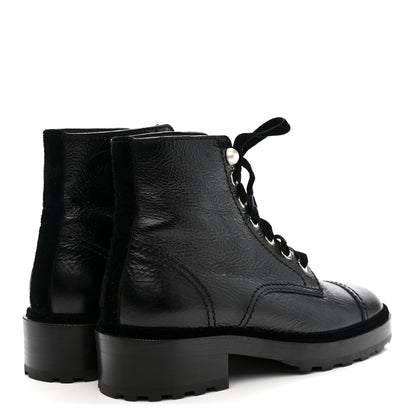 Chanel Shiny Calfskin Velvet Pearl Combat Short Boots 38 Black 7 of 10