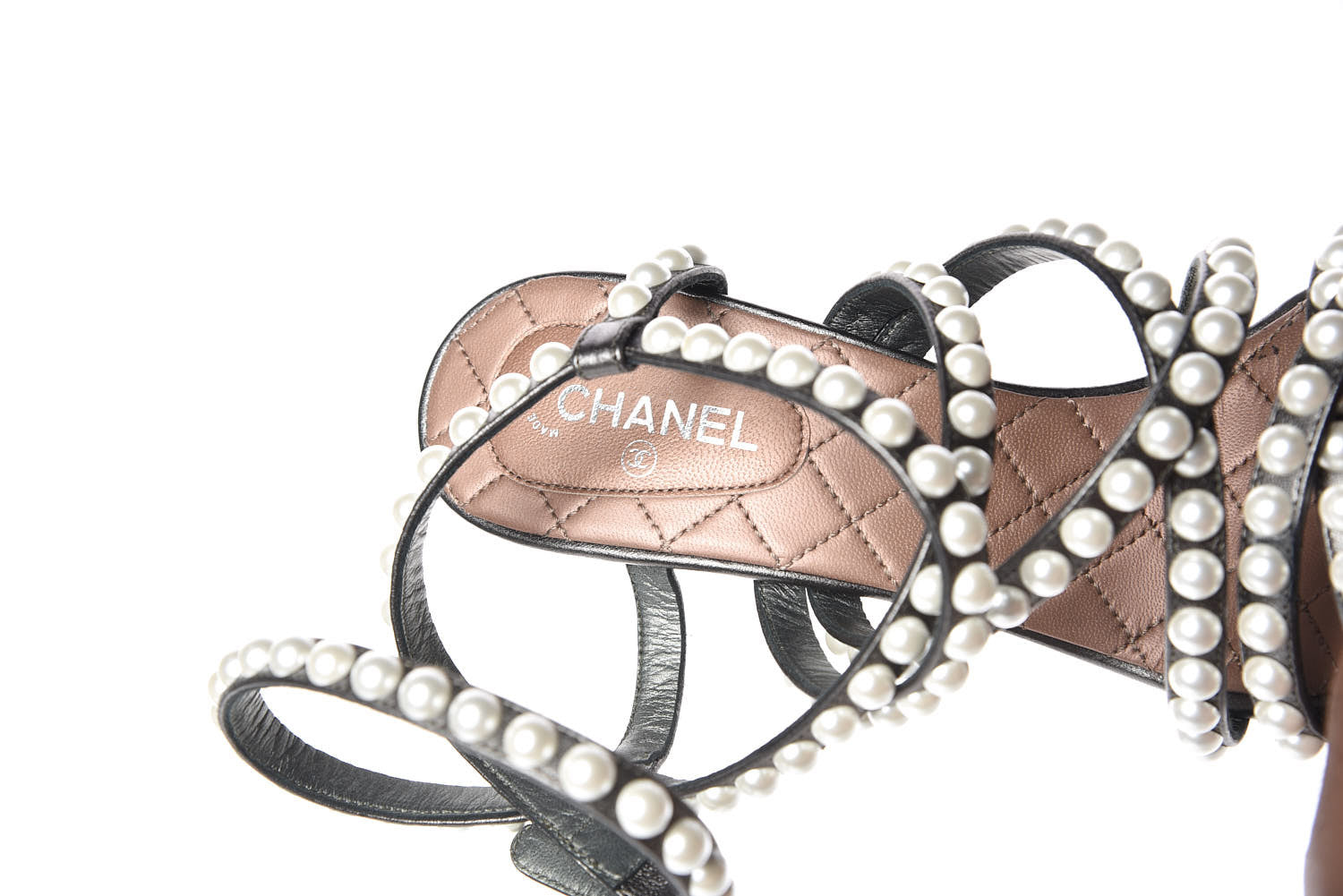 Chanel Laminated Lambskin Quilted Pearl Sandals 37 Khaki 5 of 8