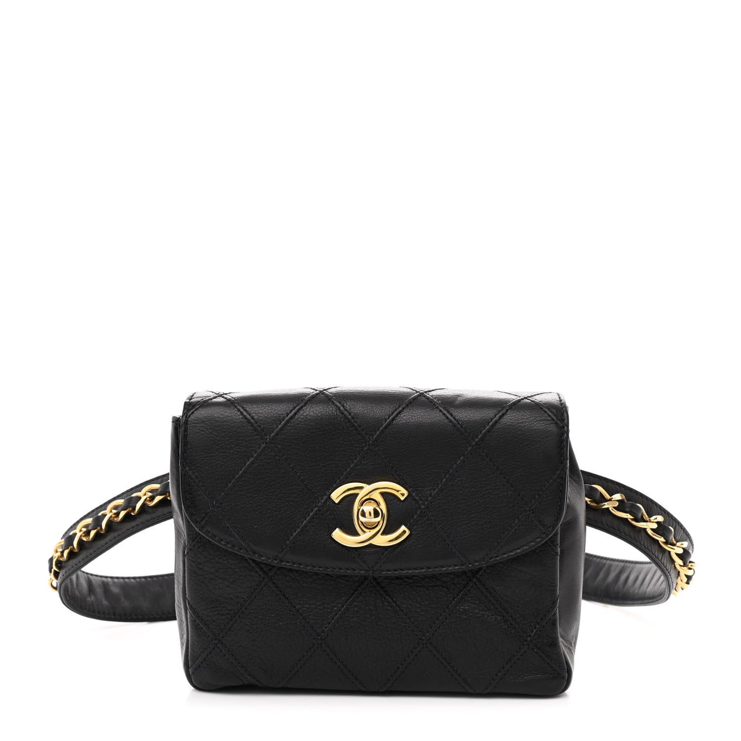 Calfskin Quilted Flap Waist Belt Bag 85 34 Black
