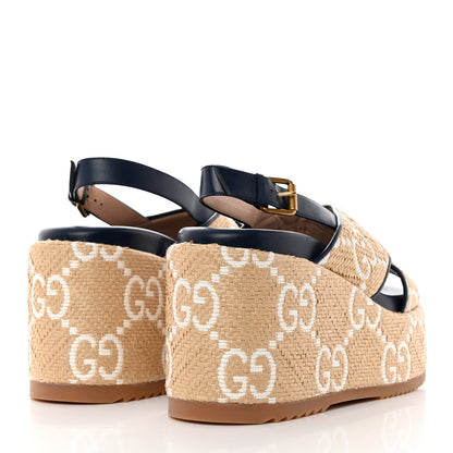 Gucci Raffia Nappa GG Monogram Angelina Platform Slingback Sandals 40 Natural Great White Blue Agata 4 of 9
