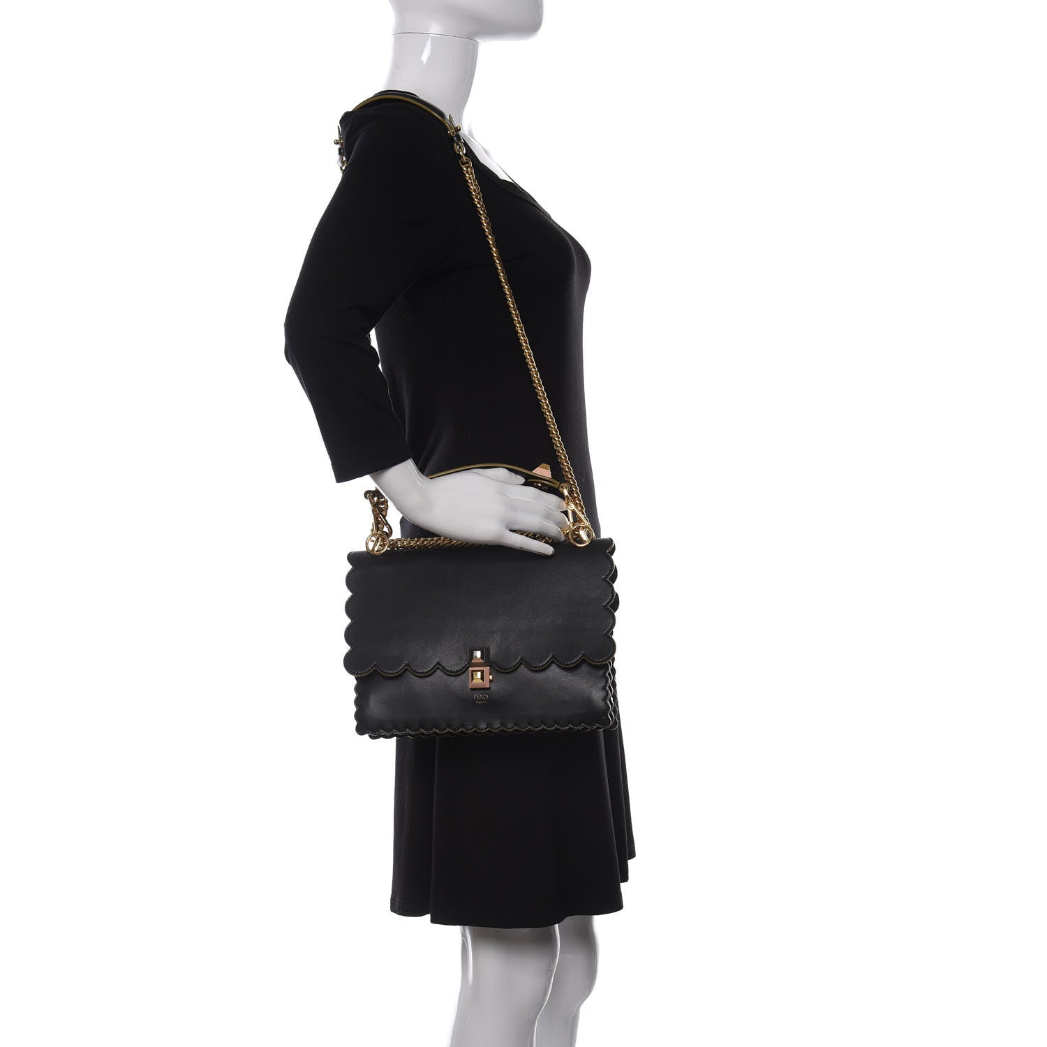 Fendi Vitello Liberty Scalloped Studded Kan I Shoulder Bag Black 2 of 9