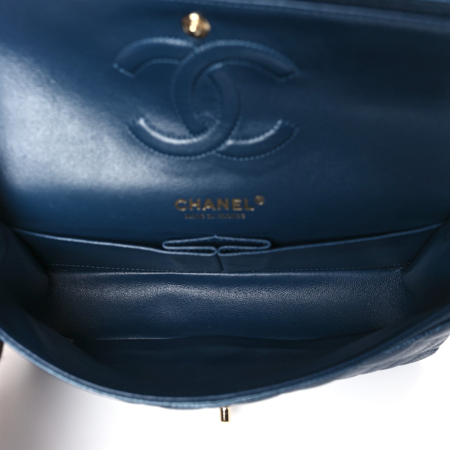 Iridescent Caviar Quilted Medium Double Flap Dark Blue