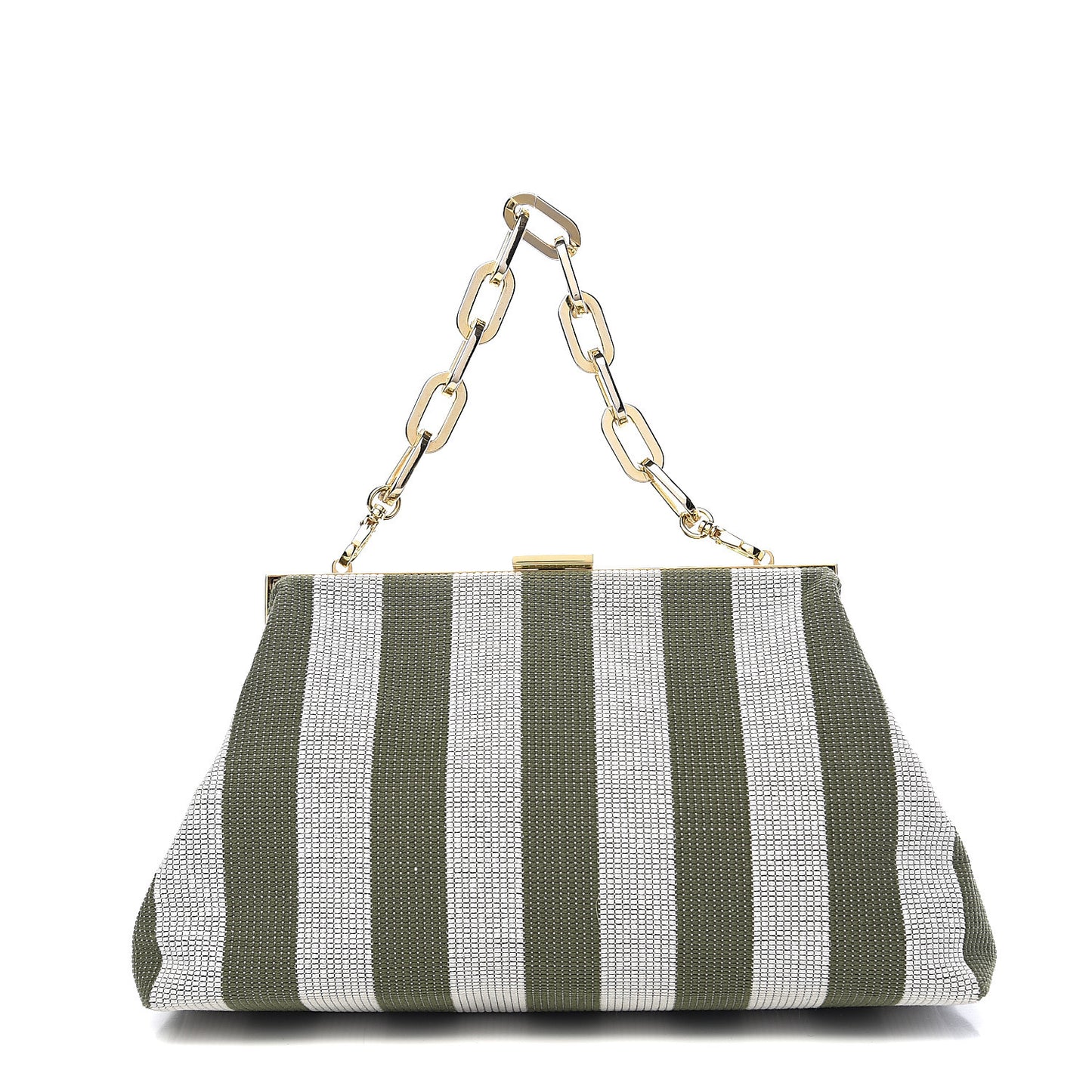 Canvas Stripe Volume Chain Clutch Green White