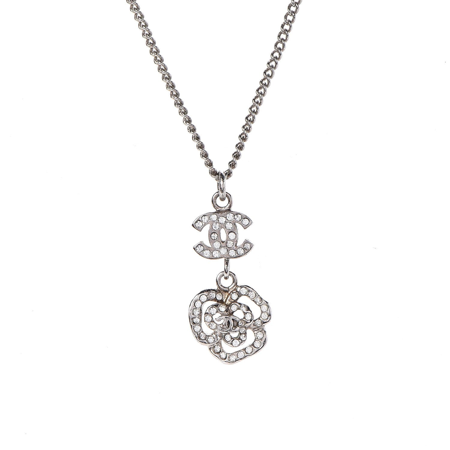 Chanel Swarovski Crystal Camellia CC Necklace Silver 3 of 5