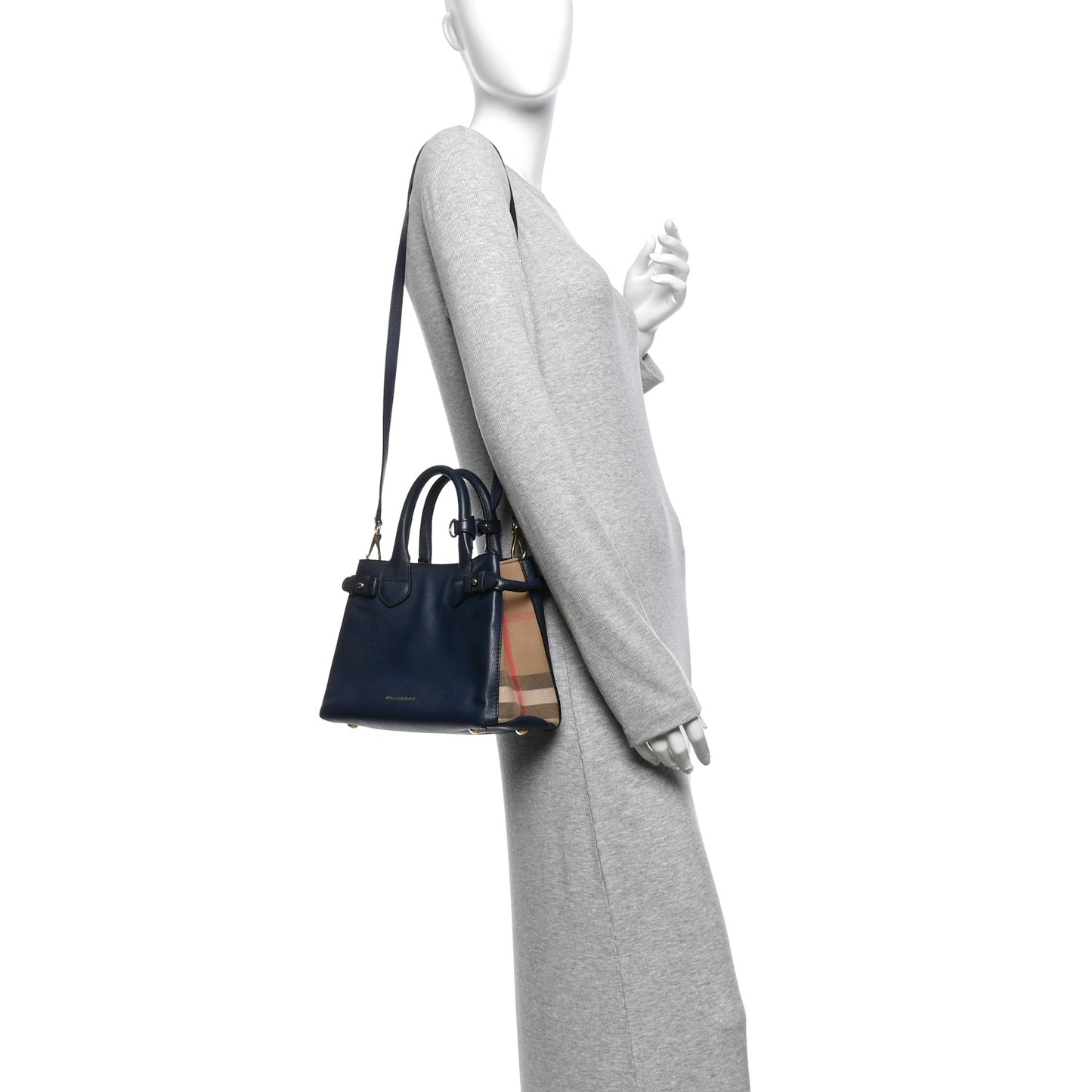 Grainy Calfskin House Check Small Banner Tote Ink Blue