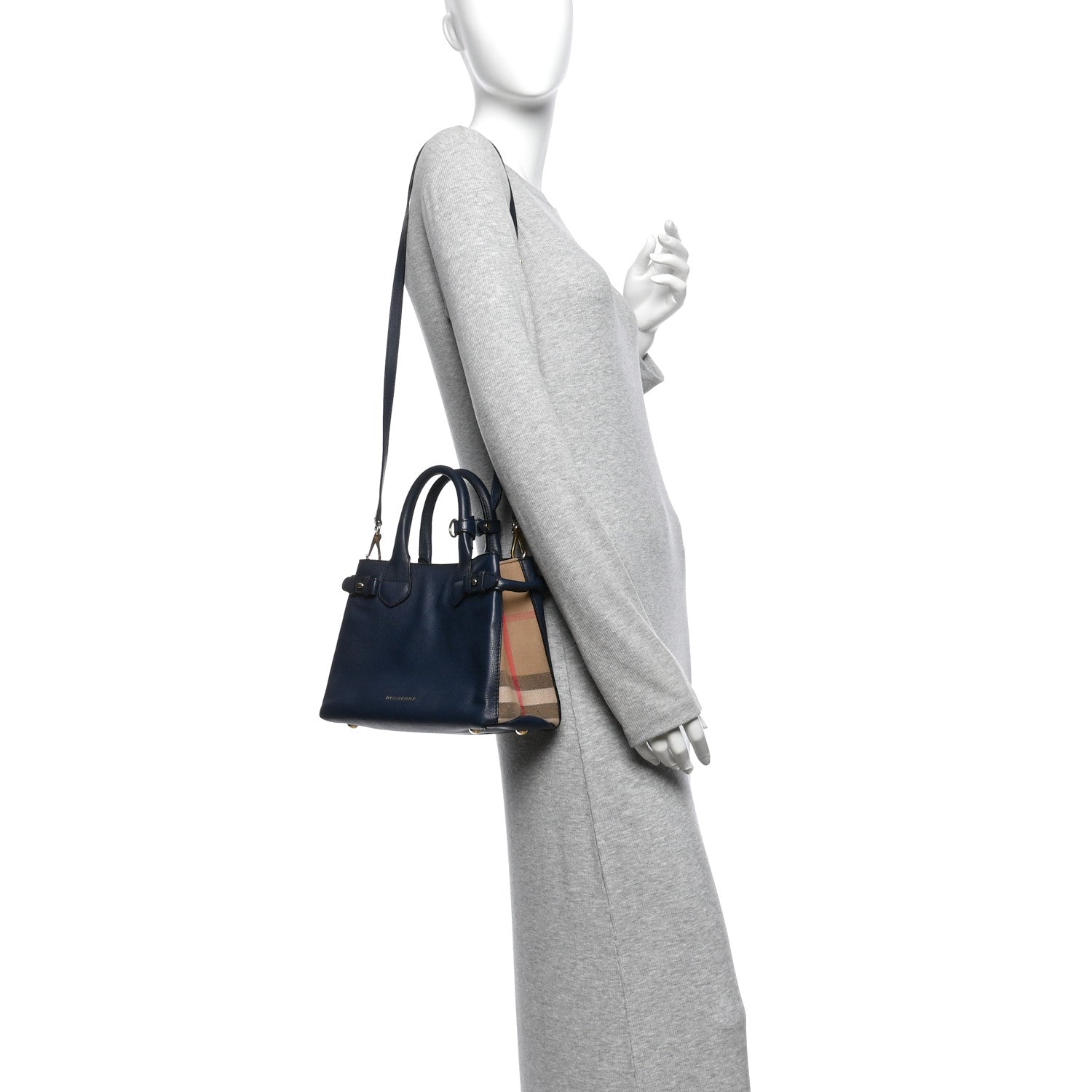 Burberry Grainy Calfskin House Check Small Banner Tote Ink Blue 2 of 12