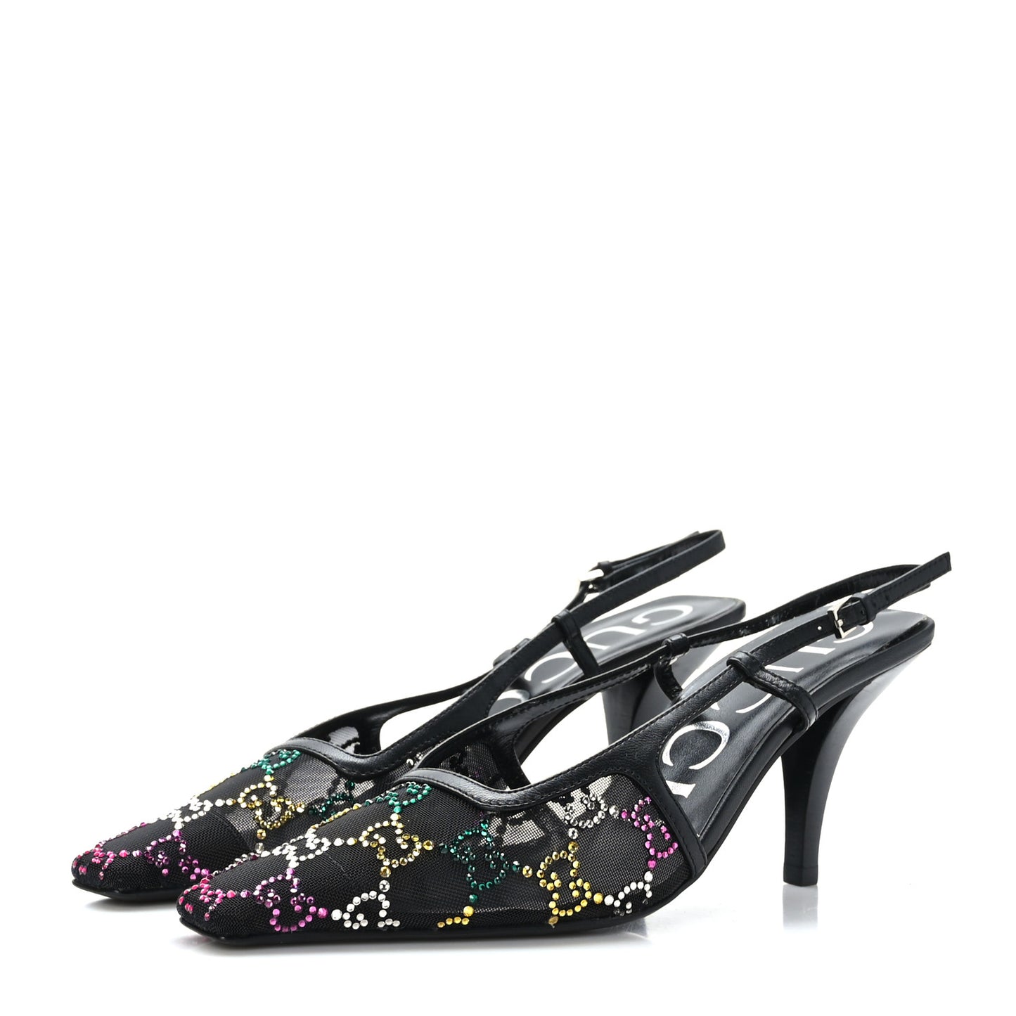 Tela Retino Nappa Charlotte Crystal GG Monogram Square G 75mm Slingback Pumps 36 Black