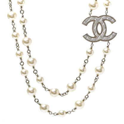 Chanel Metal Quilted Pearl CC Long Necklace Light Gold 1 of 7