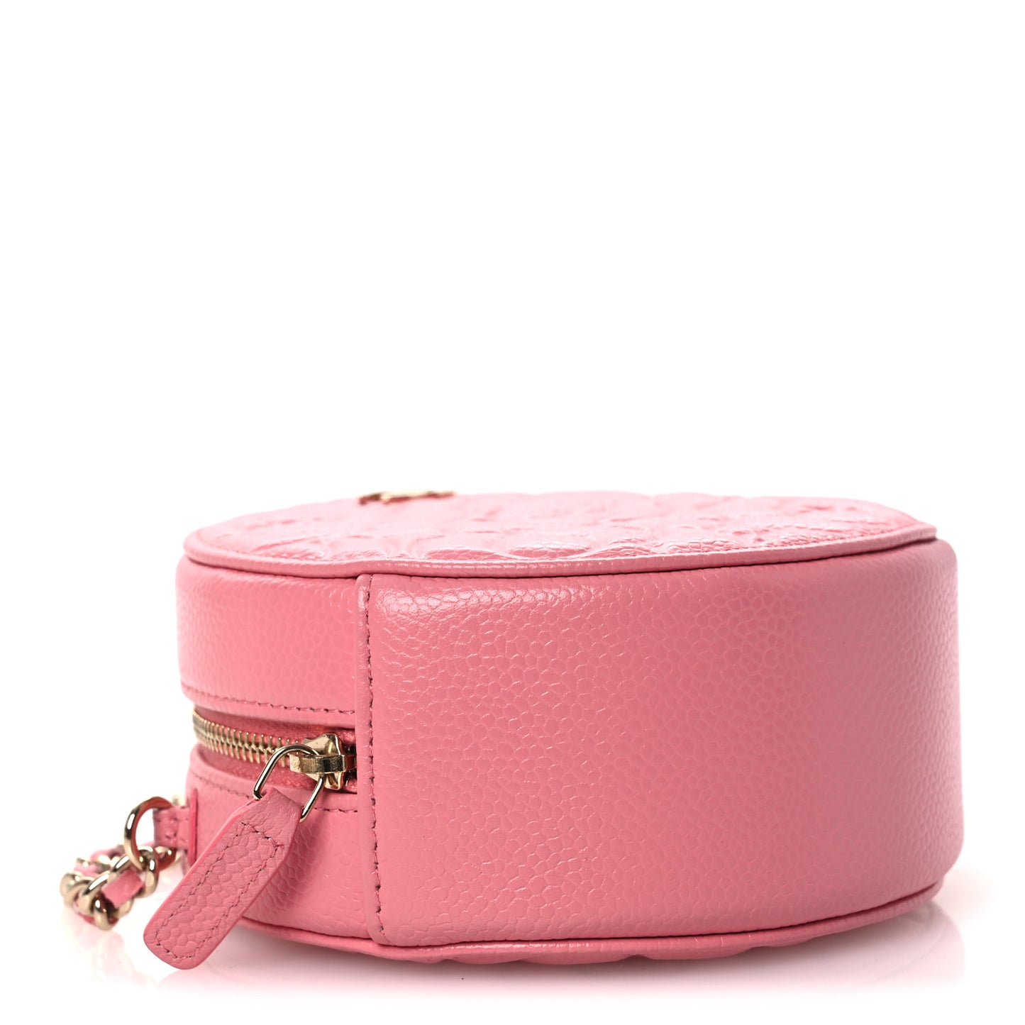 Caviar Camellia Embossed Round Clutch With Chain Pink
