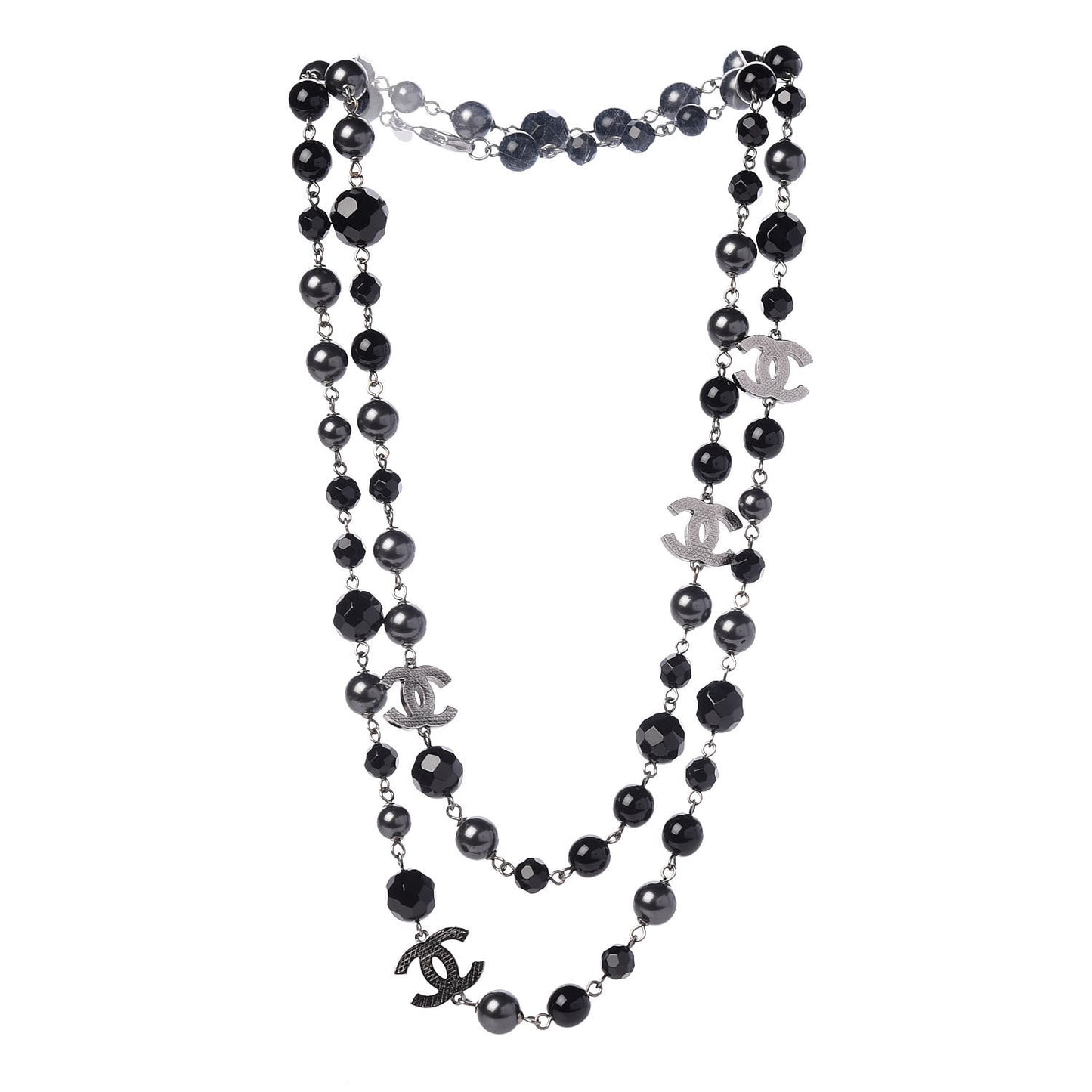 Ruthenium Pearl Beaded CC Long Necklace Black