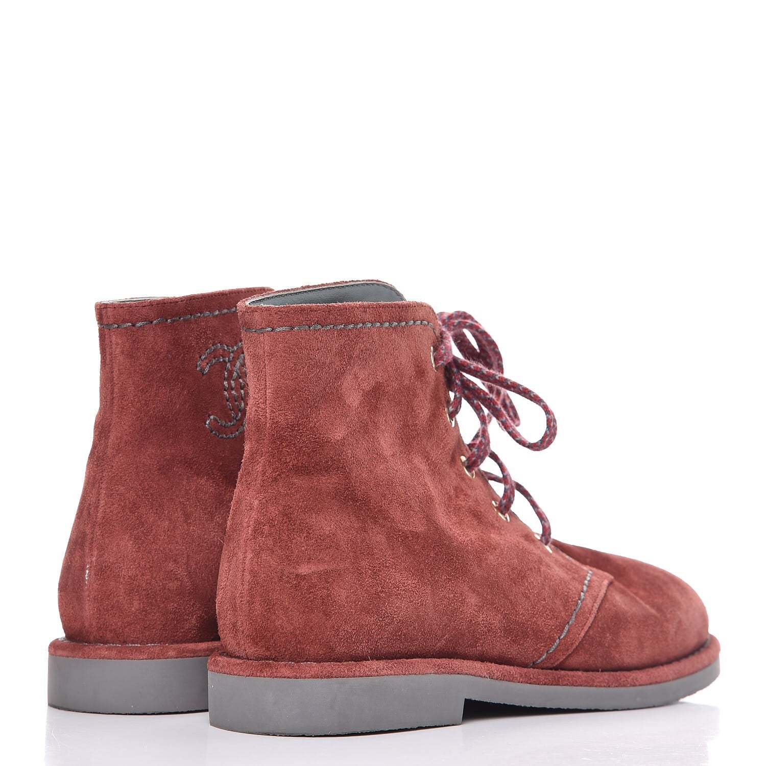 Chanel Suede Calfskin Lace Up Short Boots 37 Burgundy 4 of 12