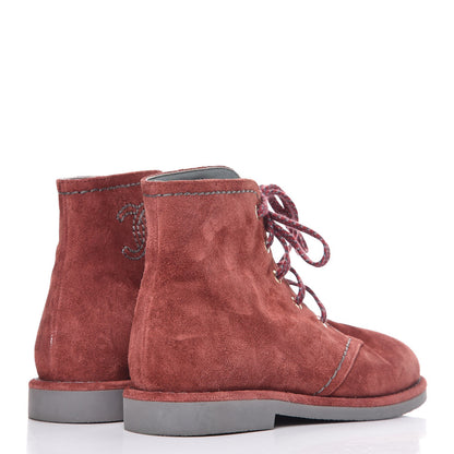 Chanel Suede Calfskin Lace Up Short Boots 37 Burgundy 4 of 12