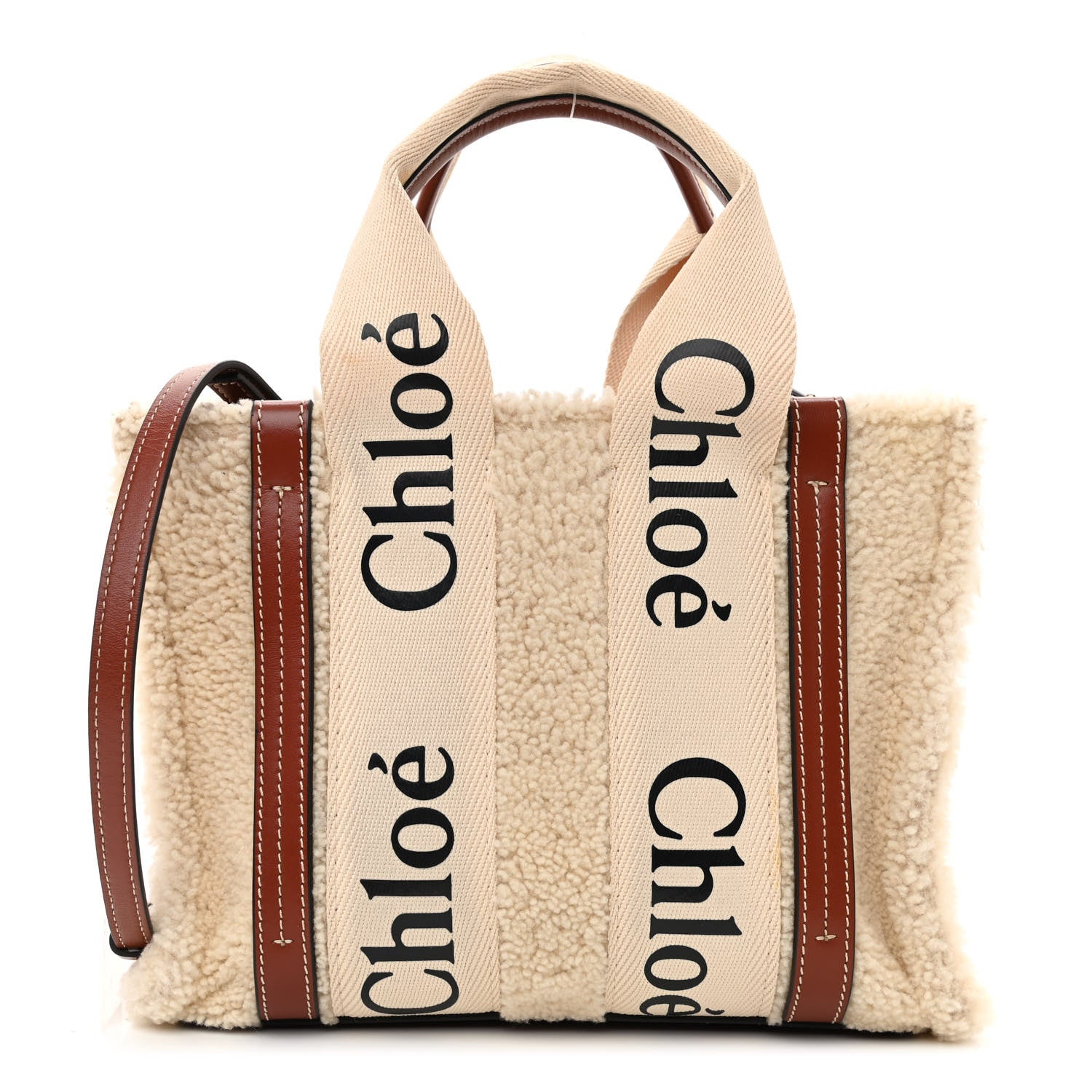 Chloe Shearling Calfskin Small Woody Ribbon Tote With Strap Mild Beige 1 of 9