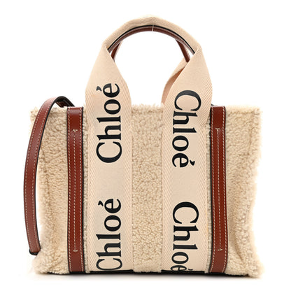 Chloe Shearling Calfskin Small Woody Ribbon Tote With Strap Mild Beige 1 of 9