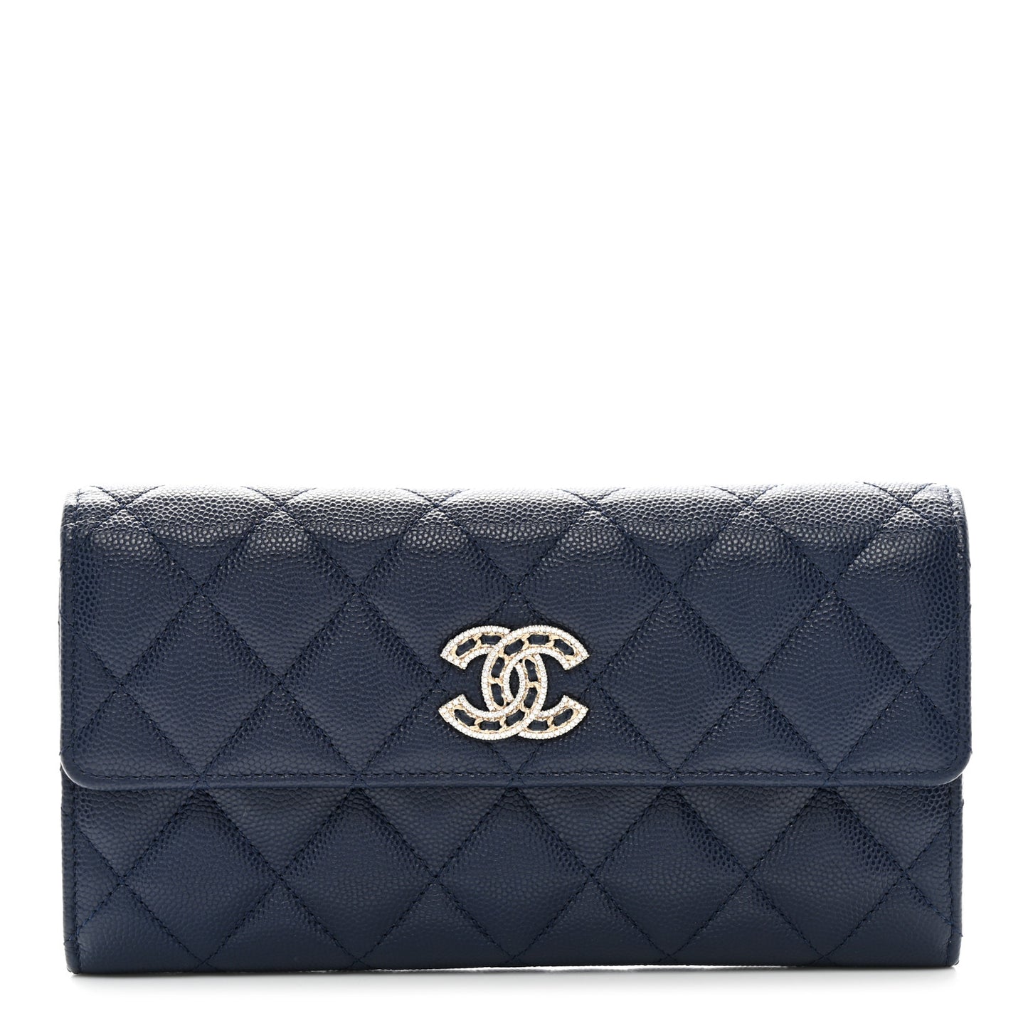 Caviar Quilted Crystal Long Flap Wallet Navy Blue