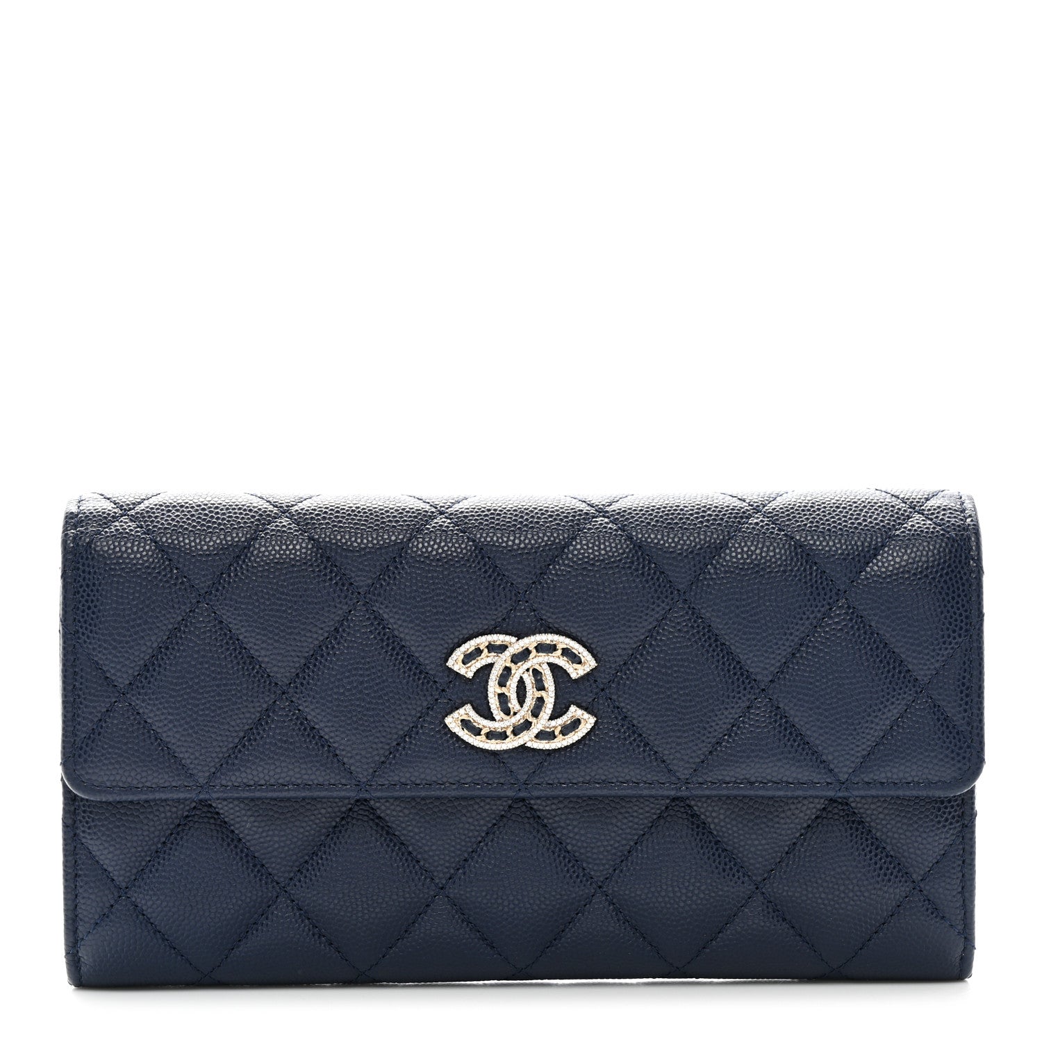 Chanel Caviar Quilted Crystal Long Flap Wallet Navy Blue 1 of 8