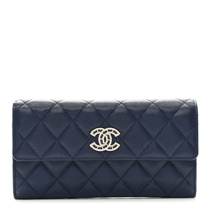 Chanel Caviar Quilted Crystal Long Flap Wallet Navy Blue 1 of 8