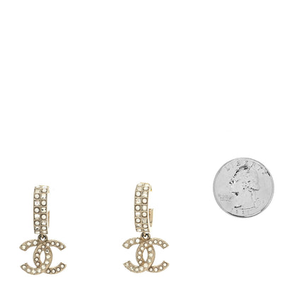Chanel Crystal Pearl CC Hoop Drop Earrings Gold 2 of 4