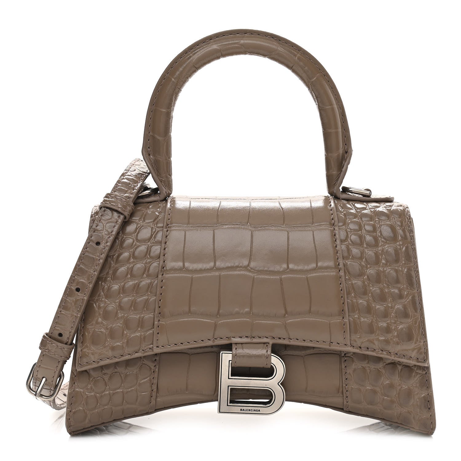 Balenciaga Shiny Calfskin Crocodile Embossed Hourglass Top Handle Bag XS Mink Grey 1 of 12