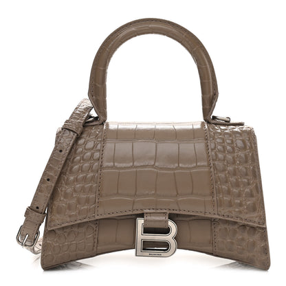 Balenciaga Shiny Calfskin Crocodile Embossed Hourglass Top Handle Bag XS Mink Grey 1 of 12