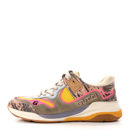 Gucci Suede Calfskin Tejus Printed Womens Ultrapace Sneakers 37 Pink Silver Oatmeal Yolk 1 of 14