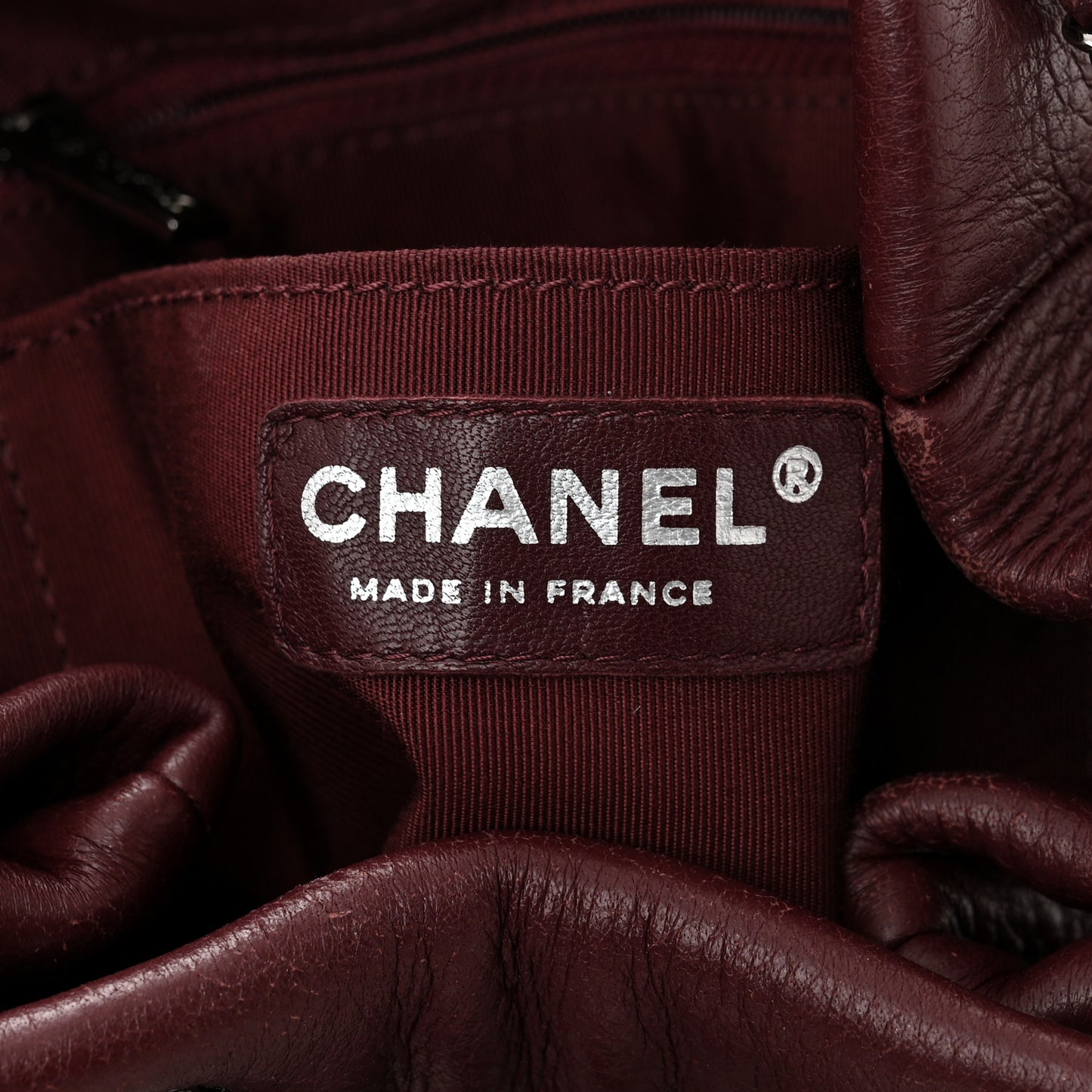 Deerskin Chevron Small CC Chain Bucket Bag Burgundy