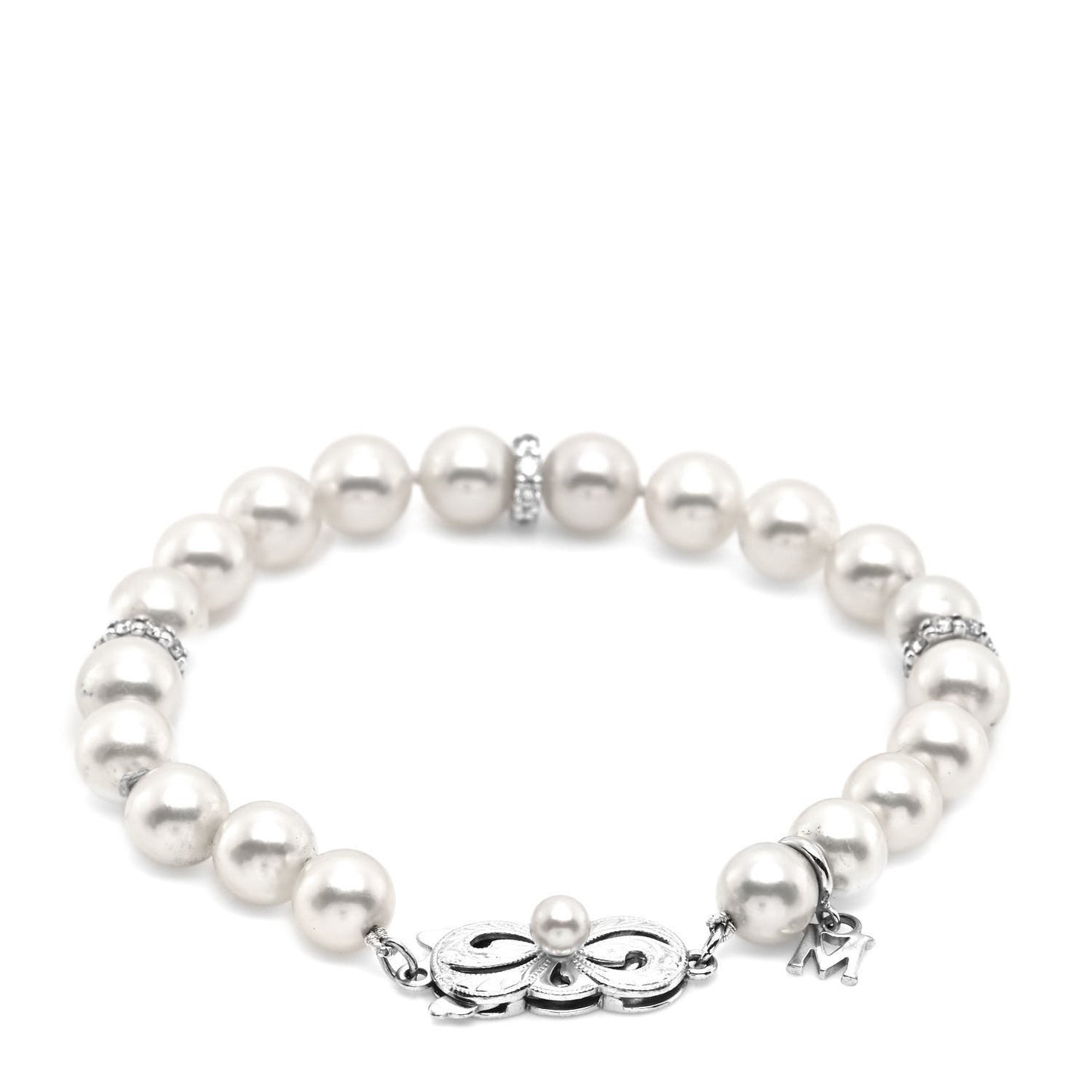 18K White Gold Diamond Akoya Cultured Pearl 7mm Strand Bracelet