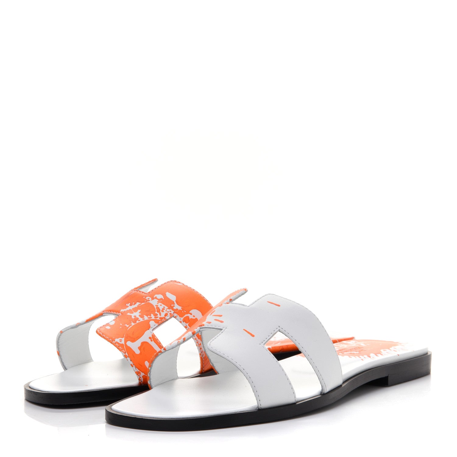 Hermes Calfskin Printed Peinture Fraiche Oran Sandals 37 White Orange 3 of 9