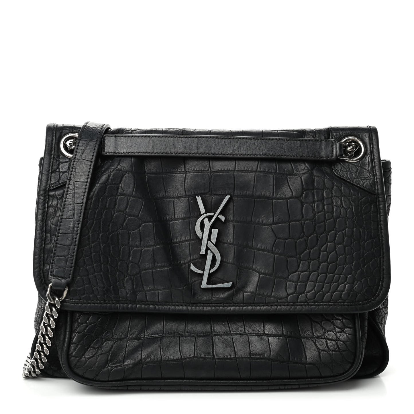 Crocodile Embossed Lambskin Monogram Medium Niki Chain Satchel Black