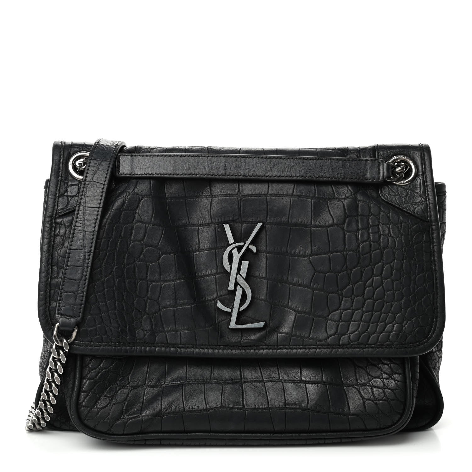 Saint Laurent Crocodile Embossed Lambskin Monogram Medium Niki Chain Satchel Black 1 of 5