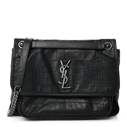 Saint Laurent Crocodile Embossed Lambskin Monogram Medium Niki Chain Satchel Black 1 of 5