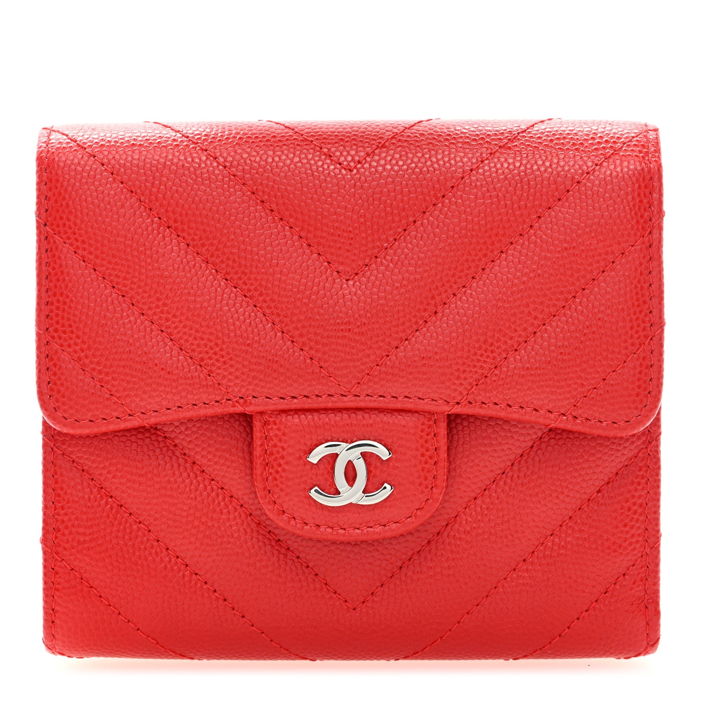 Caviar Chevron Quilted Compact Flap Wallet Red