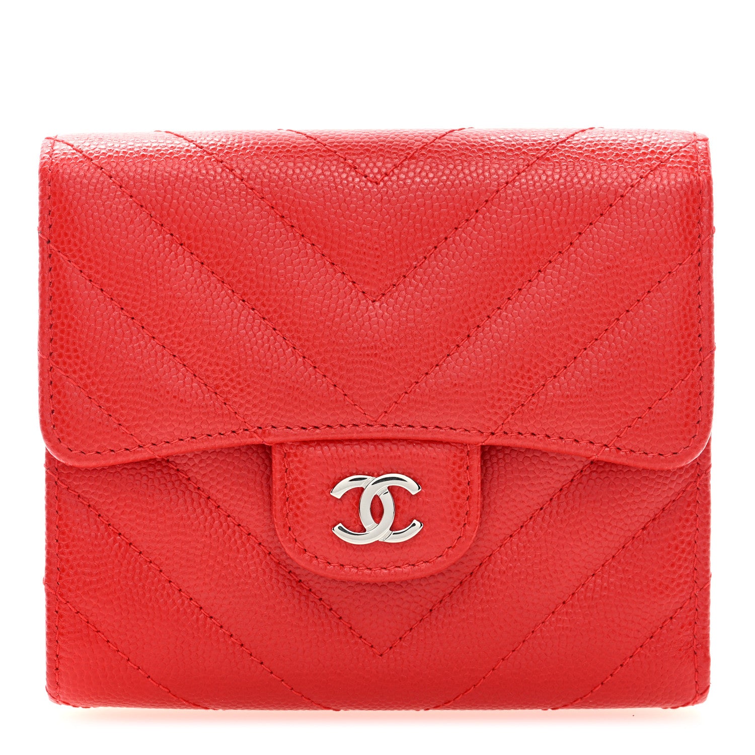Chanel Caviar Chevron Quilted Compact Flap Wallet Red 1 of 7