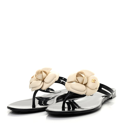 Chanel Jelly Camellia Thong Sandals 38 Black Ivory 3 of 8