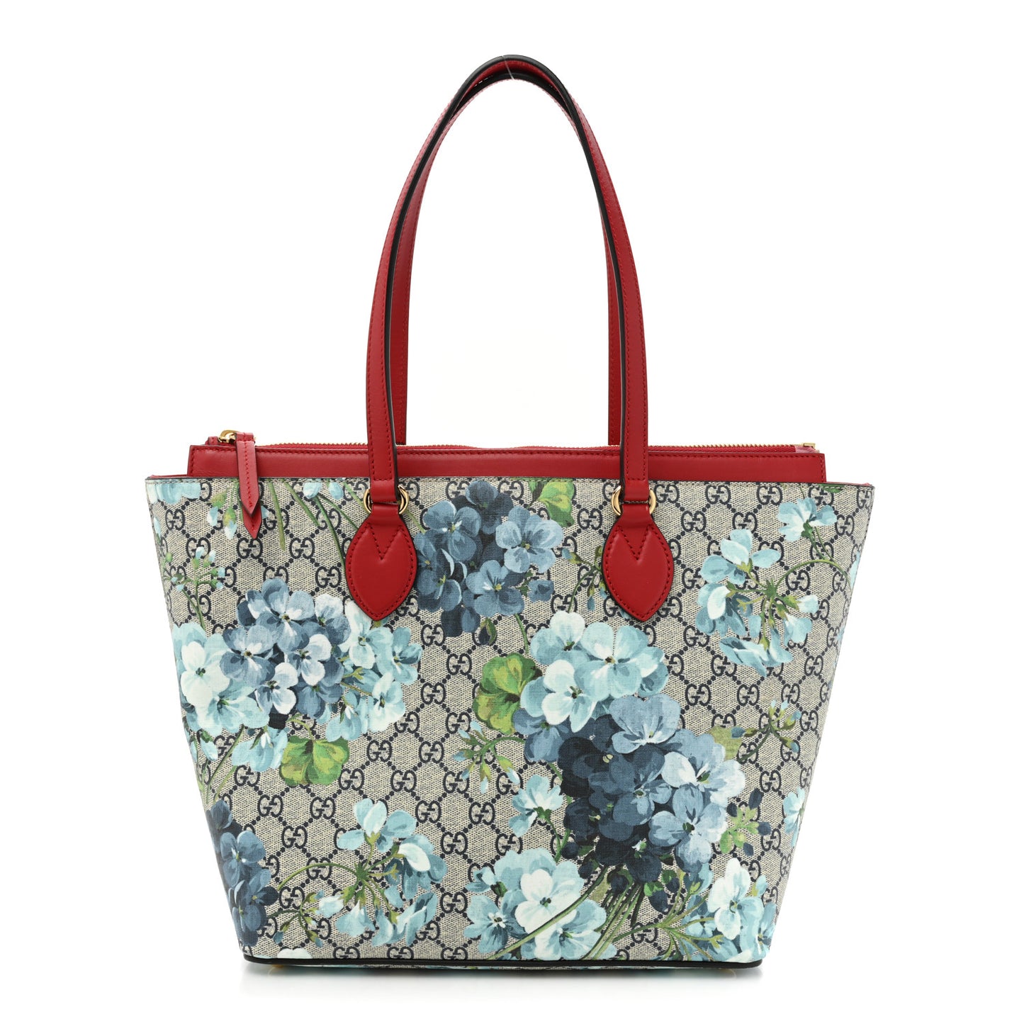GG Supreme Monogram Blooms Medium Zippered Bucket Tote Beige Blue Navy Hibiscus Red