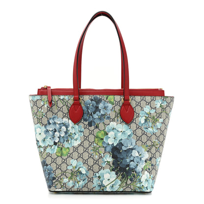 Gucci GG Supreme Monogram Blooms Medium Zippered Bucket Tote Beige Blue Navy Hibiscus Red 1 of 9
